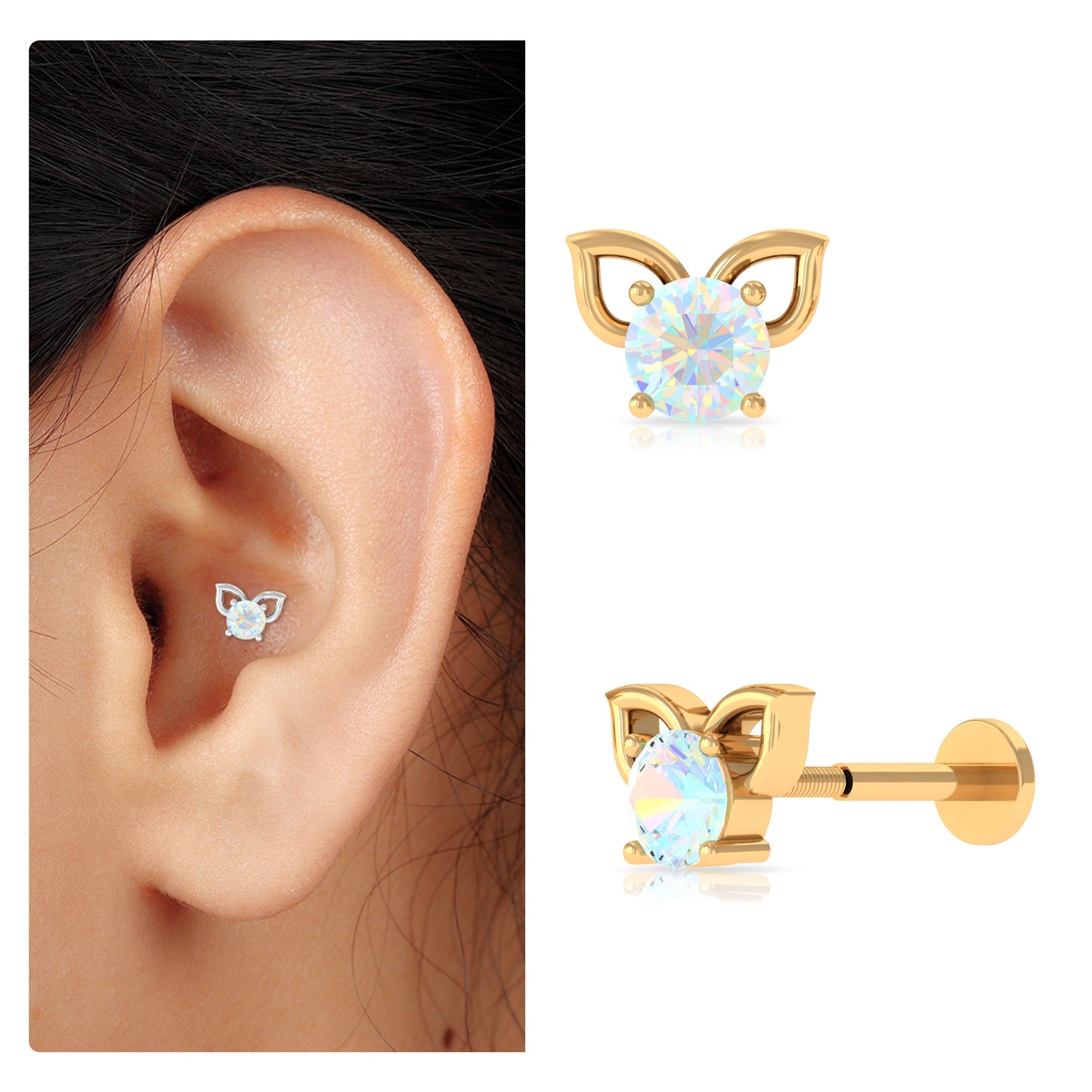 Round Ethiopian Opal Cute Cat Cartilage Earring