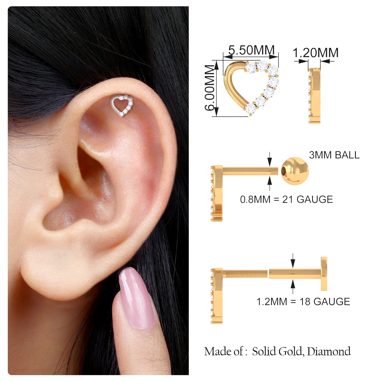 Genuine Diamond Open Heart Earring for Helix Piercing