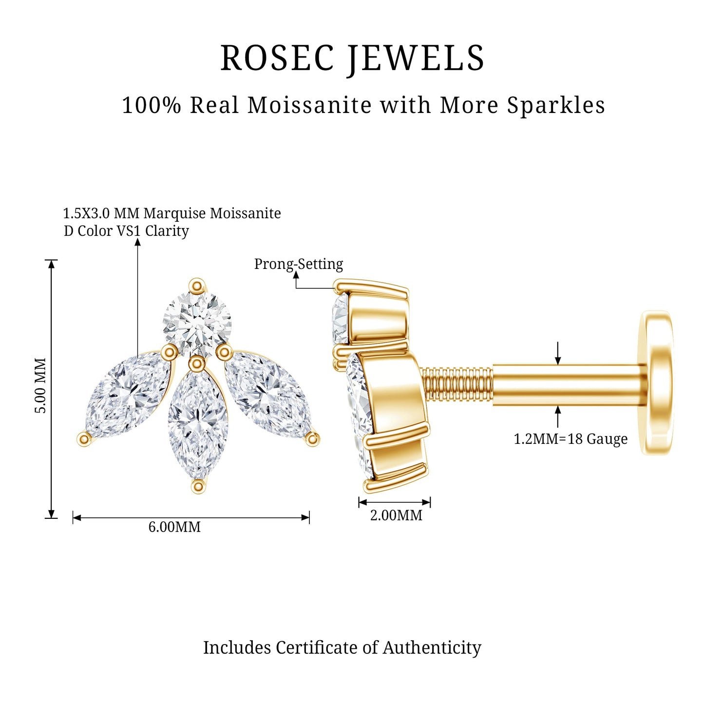 Certified Moissanite Leaf Piercing Earring