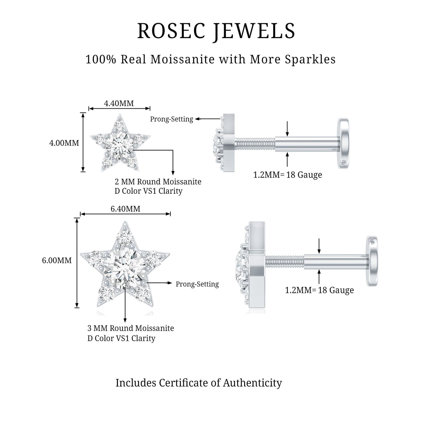 Moissanite Star Earring for Helix Piercing