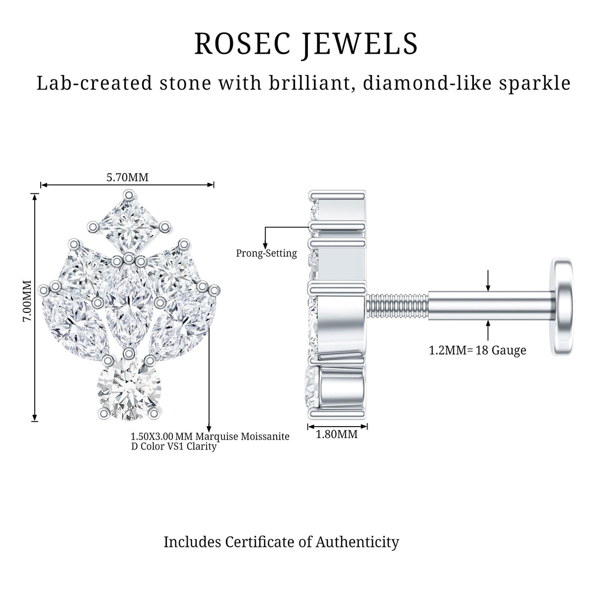 Moissanite Cluster Earring for Upper Lobe Piercing