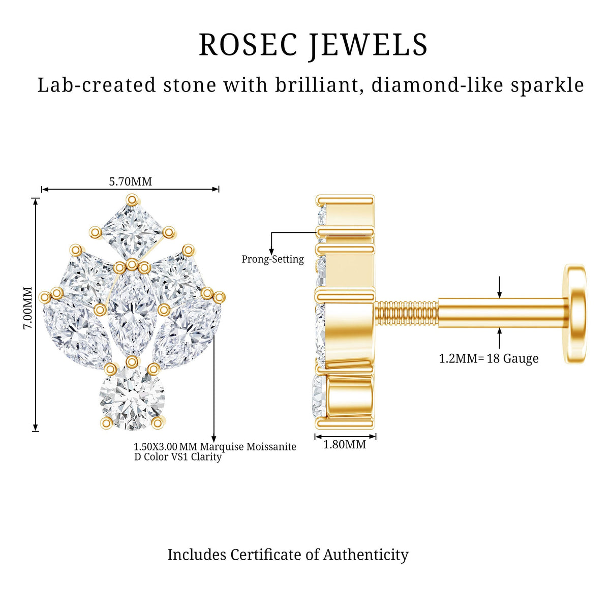 Moissanite Cluster Earring for Upper Lobe Piercing