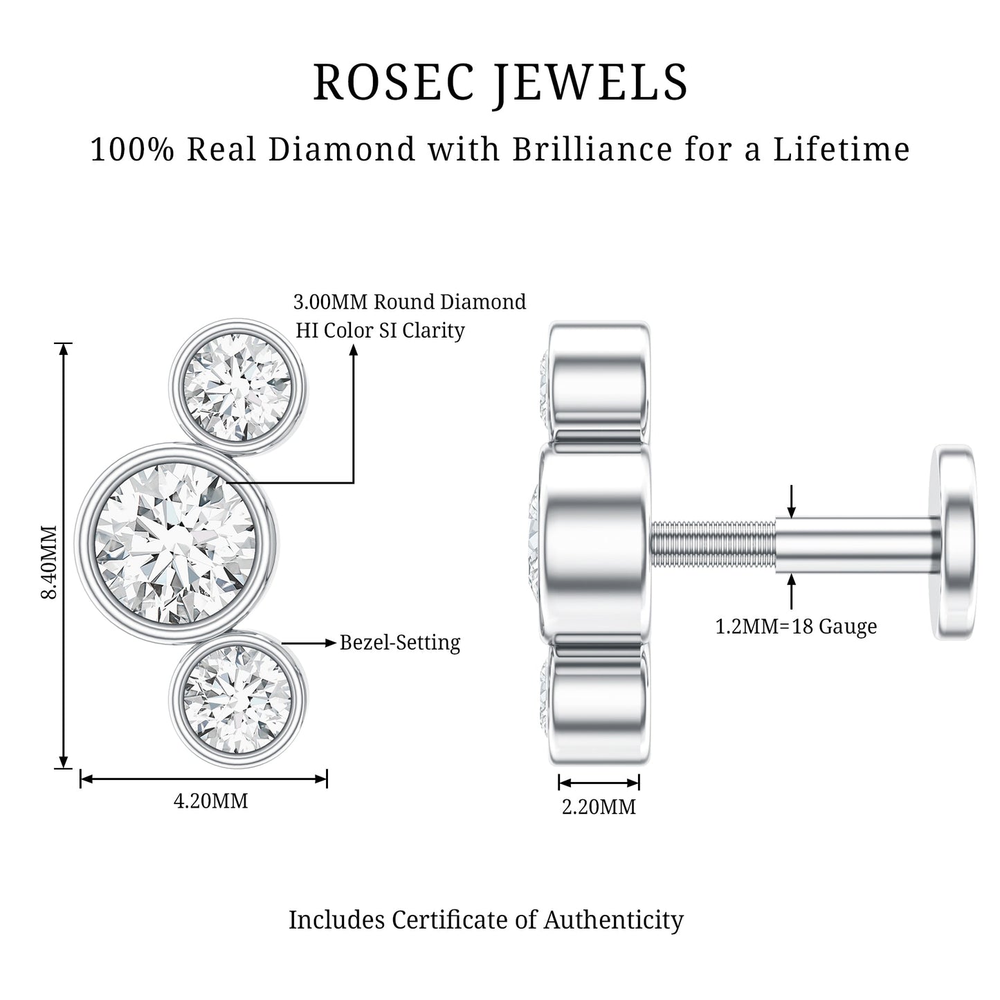 Bezel Set Diamond Three Stone Earring for Helix Piercing