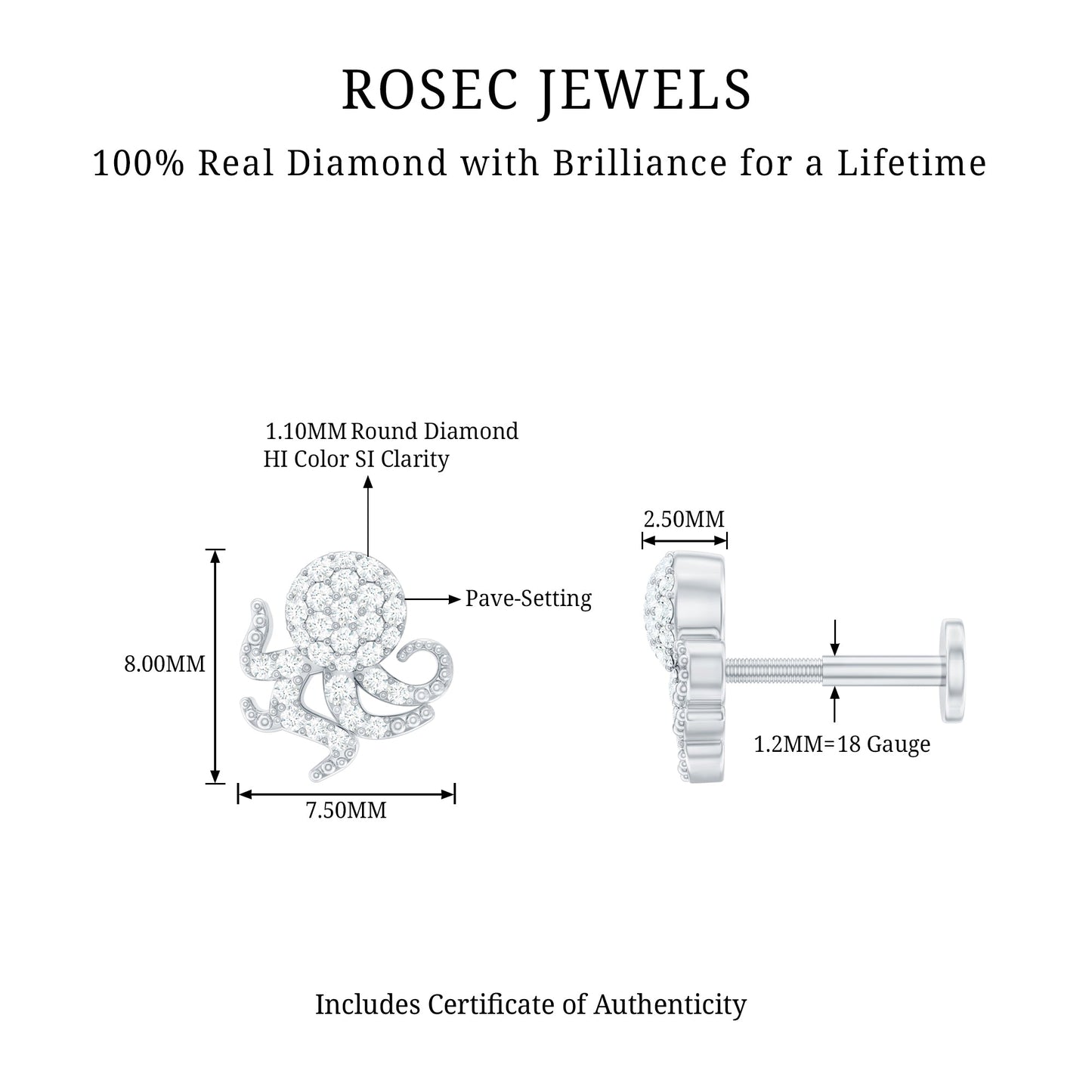Diamond Octopus Earring with Flat Back