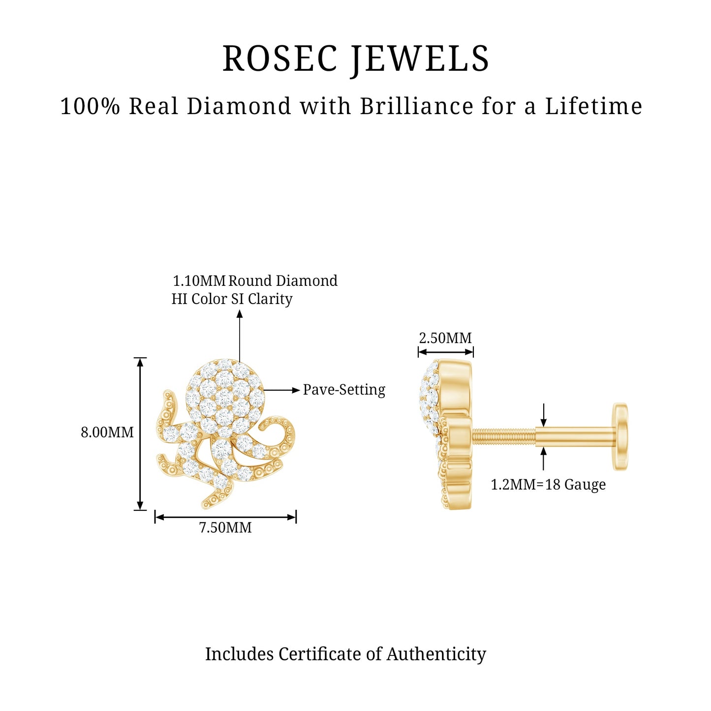 Diamond Octopus Earring with Flat Back