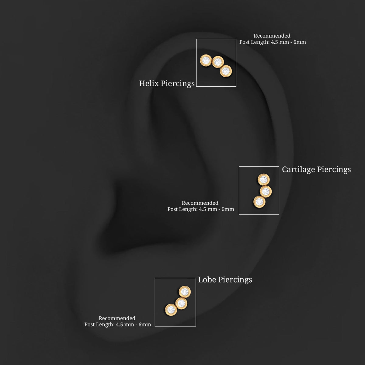 Three Diamond Curved Helix Earring in Bezel Setting