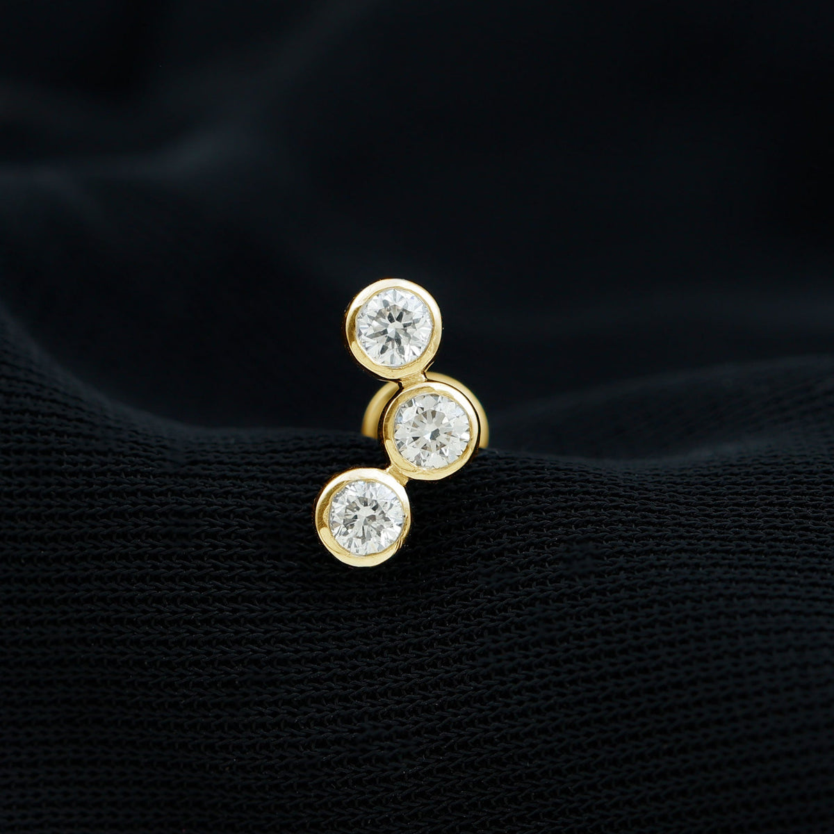 Three Diamond Curved Helix Earring in Bezel Setting