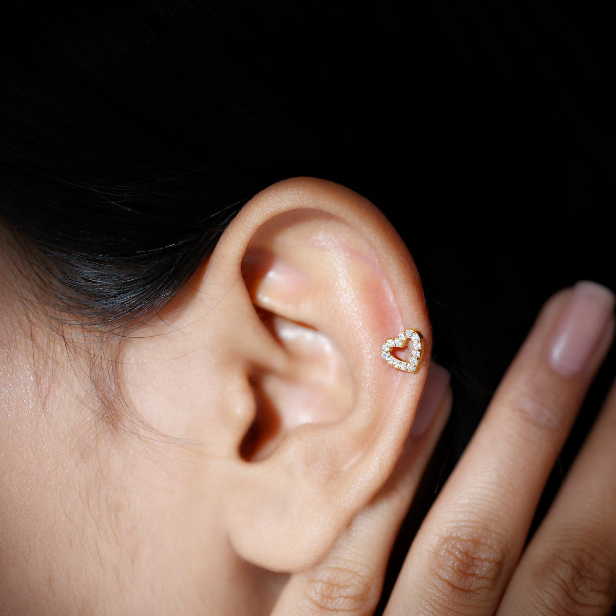 Cute Diamond Open Heart Earring for Helix Piercing
