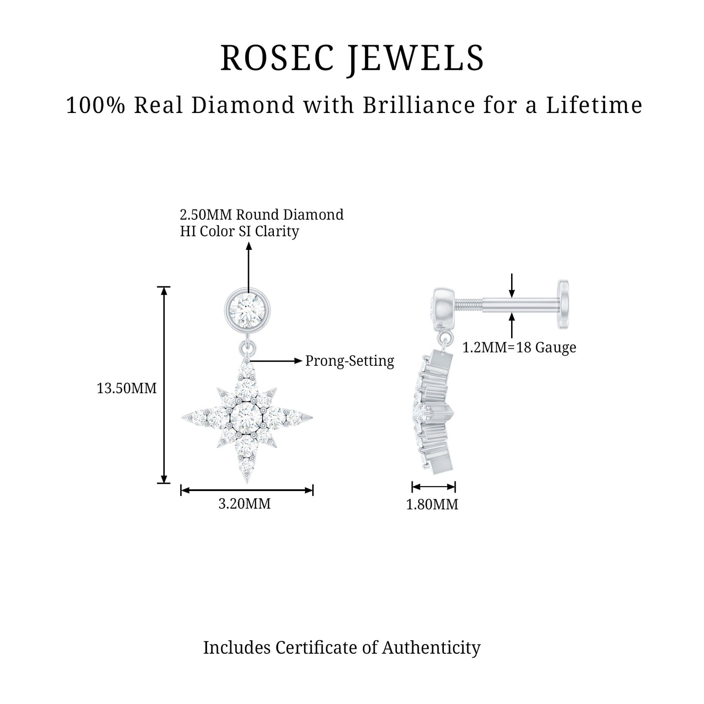 Certified Diamond Starburst Drop Earring for Helix Piercing
