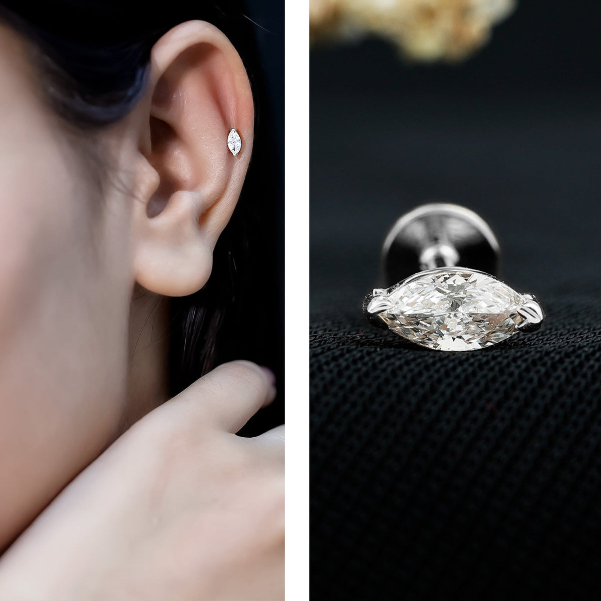 Marquise Diamond Solitaire Earring for Helix Piercing