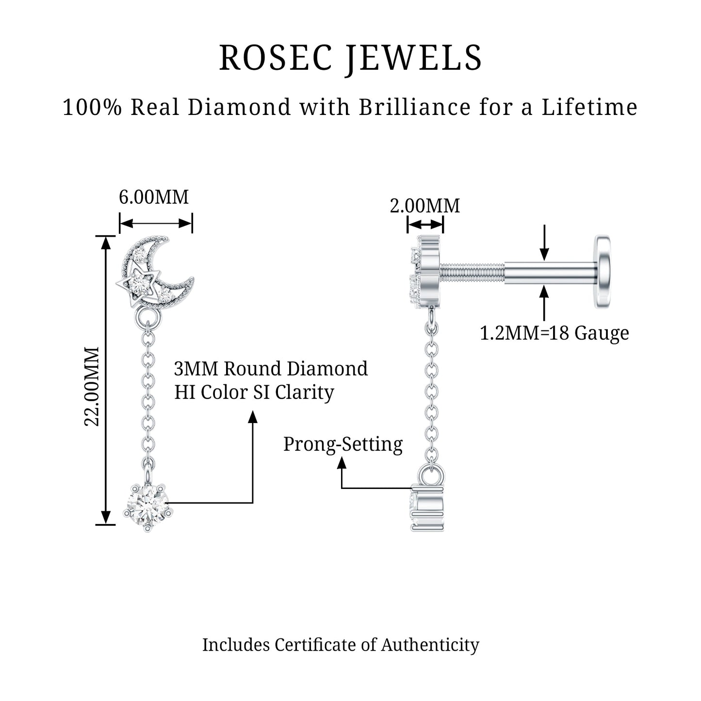 Diamond Moon Chain Earring for Helix Piercing