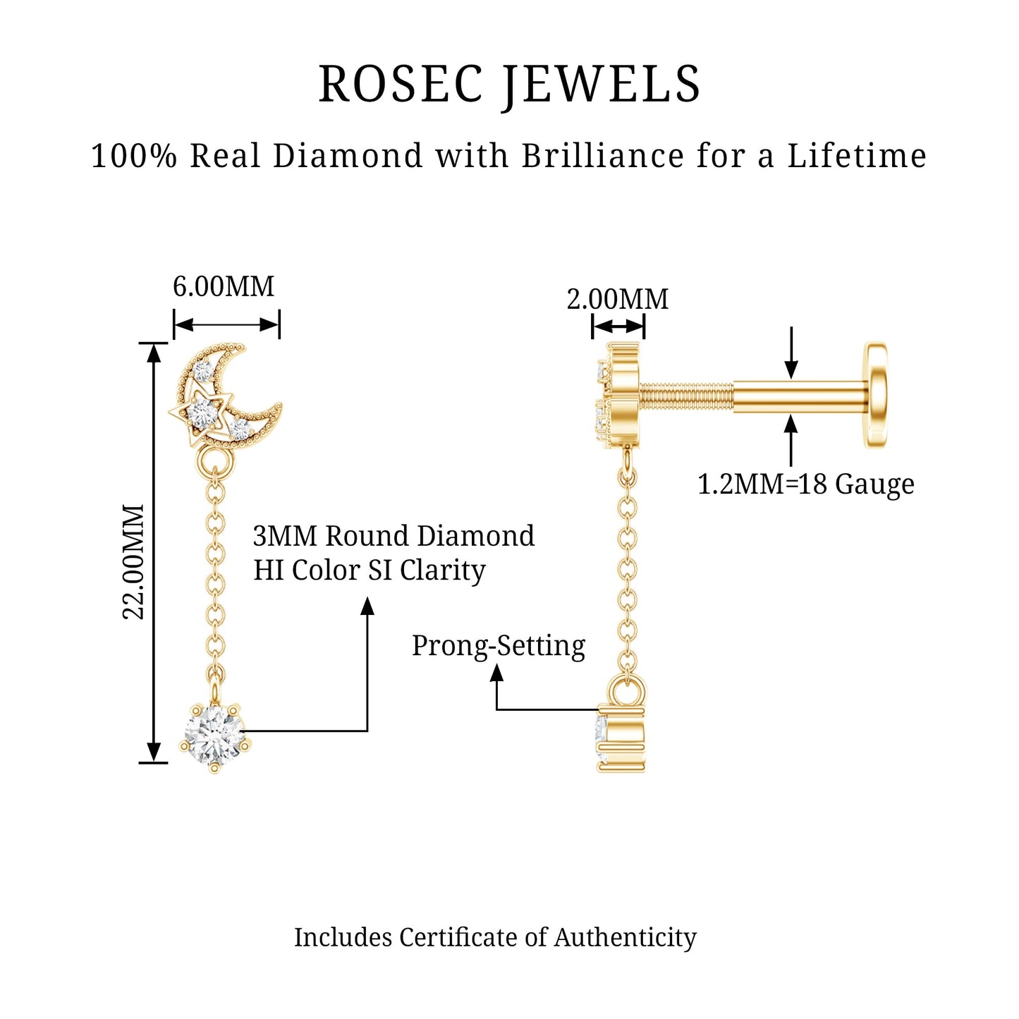 Diamond Moon Chain Earring for Helix Piercing