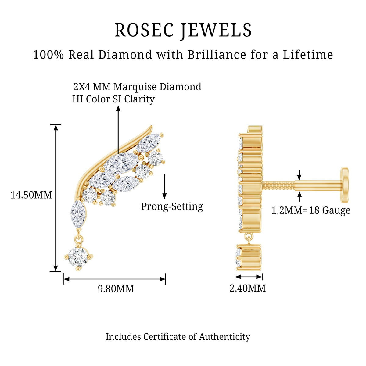 Brilliant Cut Diamond Wing Helix Drop Earring with Flat Back