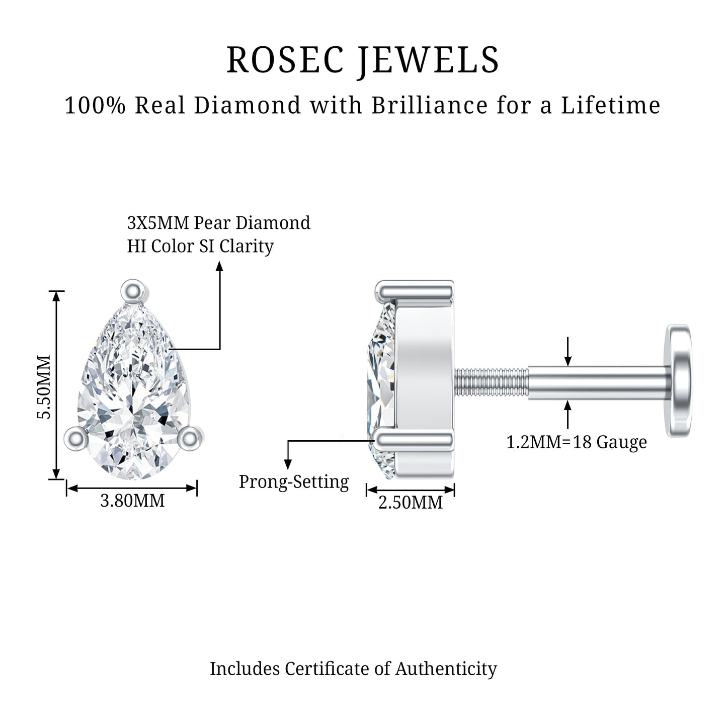 Solitaire Pear Shape Diamond Earring for Tragus Piercing