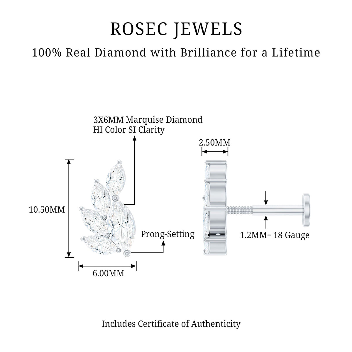 Marquise Diamond Cluster Helix Earring with Flat Back