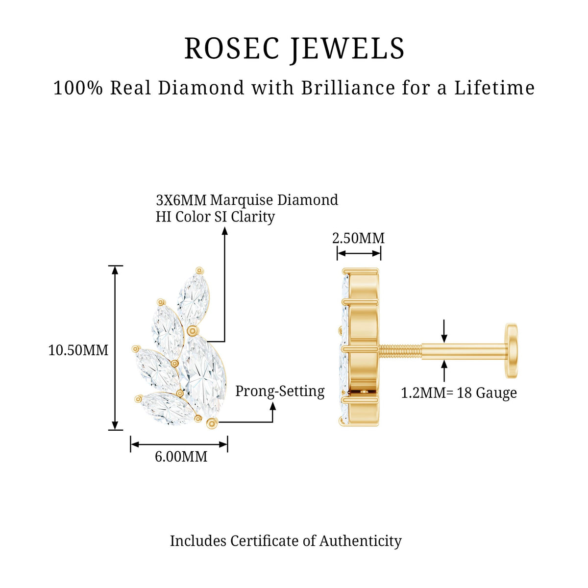 Marquise Diamond Cluster Helix Earring with Flat Back