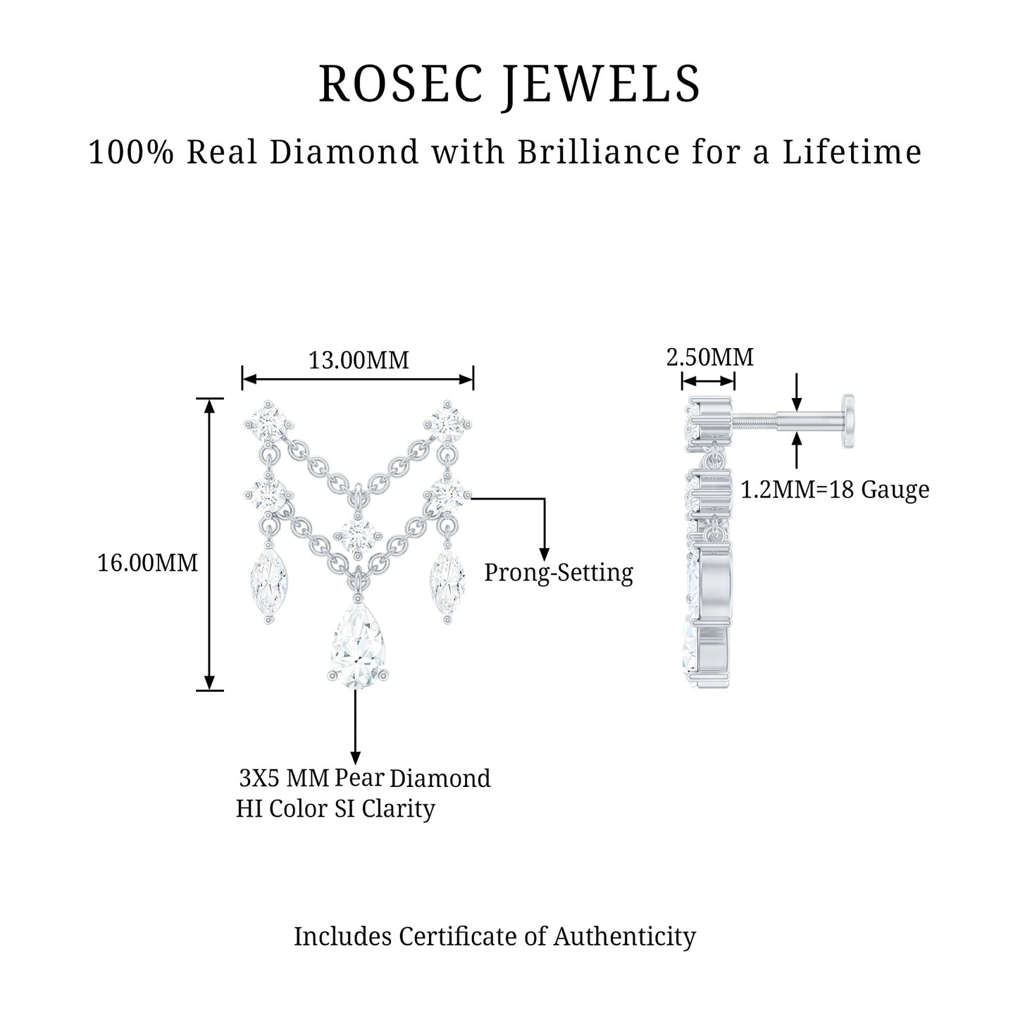 Brilliant Cut Diamond Double Chain Drop Earring for Cartilage Piercing
