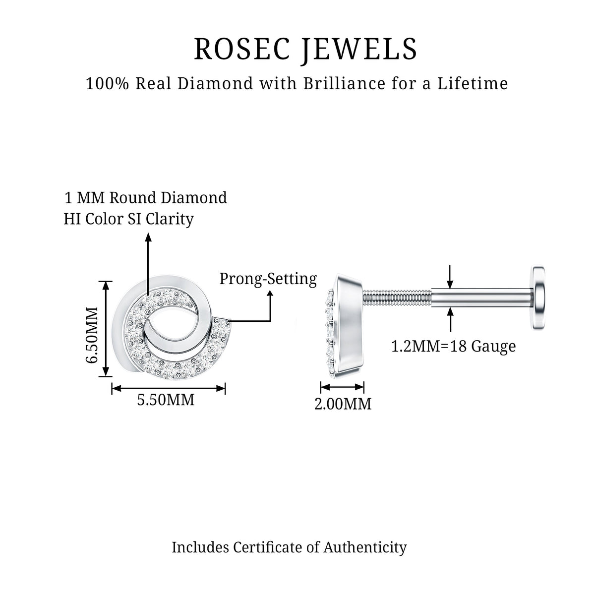 Certified Diamond Spiral Earring for Cartilage Piercing