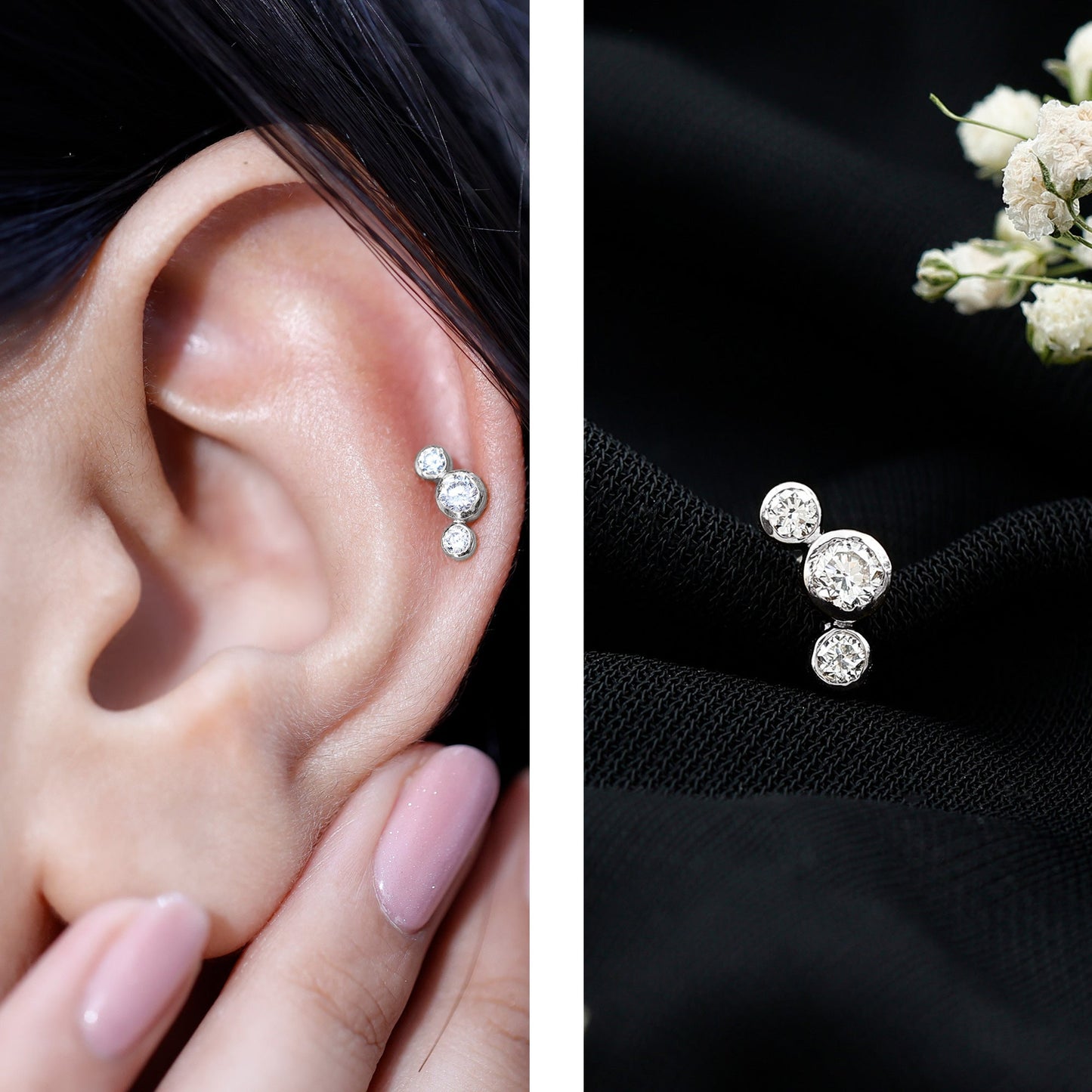 Bezel Set Diamond Three Stone Earring for Helix Piercing