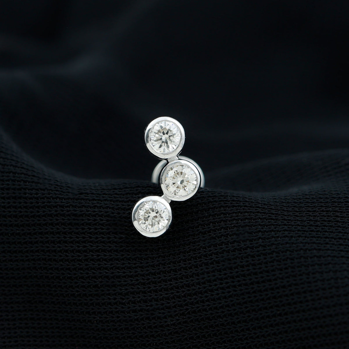 Three Diamond Curved Helix Earring in Bezel Setting