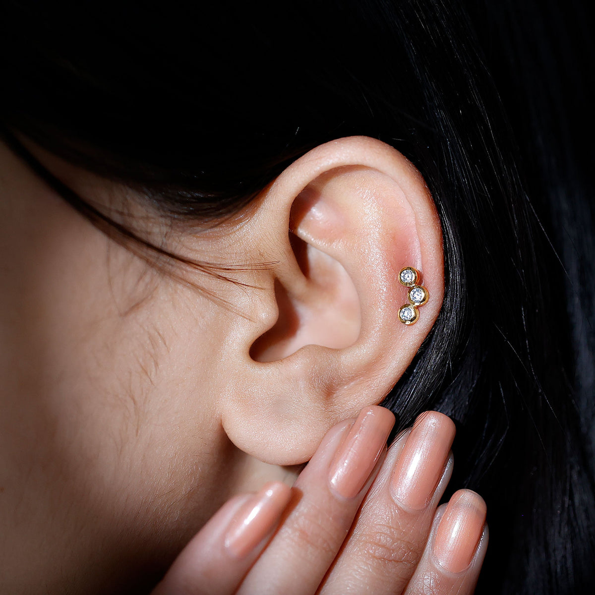 Three Diamond Curved Helix Earring in Bezel Setting