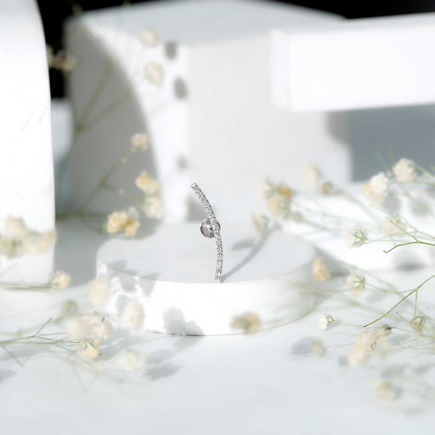 Pave Set Diamond Curved Bar Earring for Cartilage Piercing