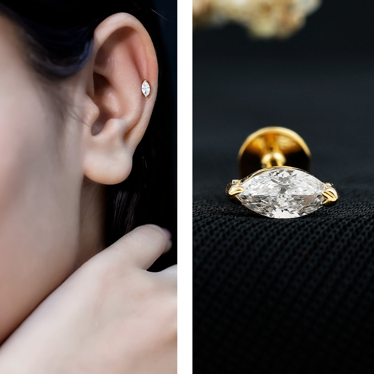 Marquise Diamond Solitaire Earring for Helix Piercing