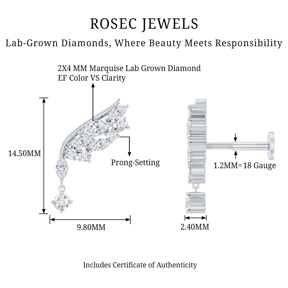 Brilliant Cut Diamond Wing Helix Drop Earring with Flat Back