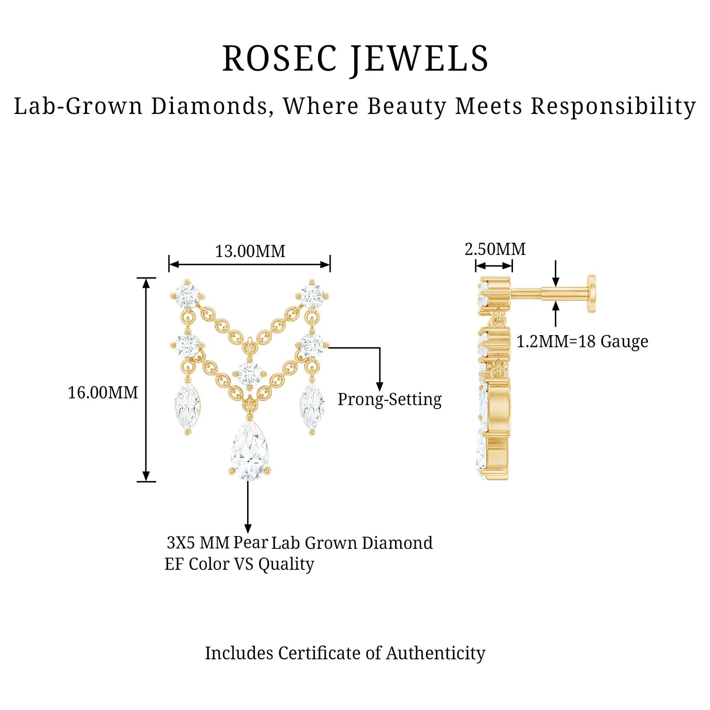 Brilliant Cut Diamond Double Chain Drop Earring for Cartilage Piercing