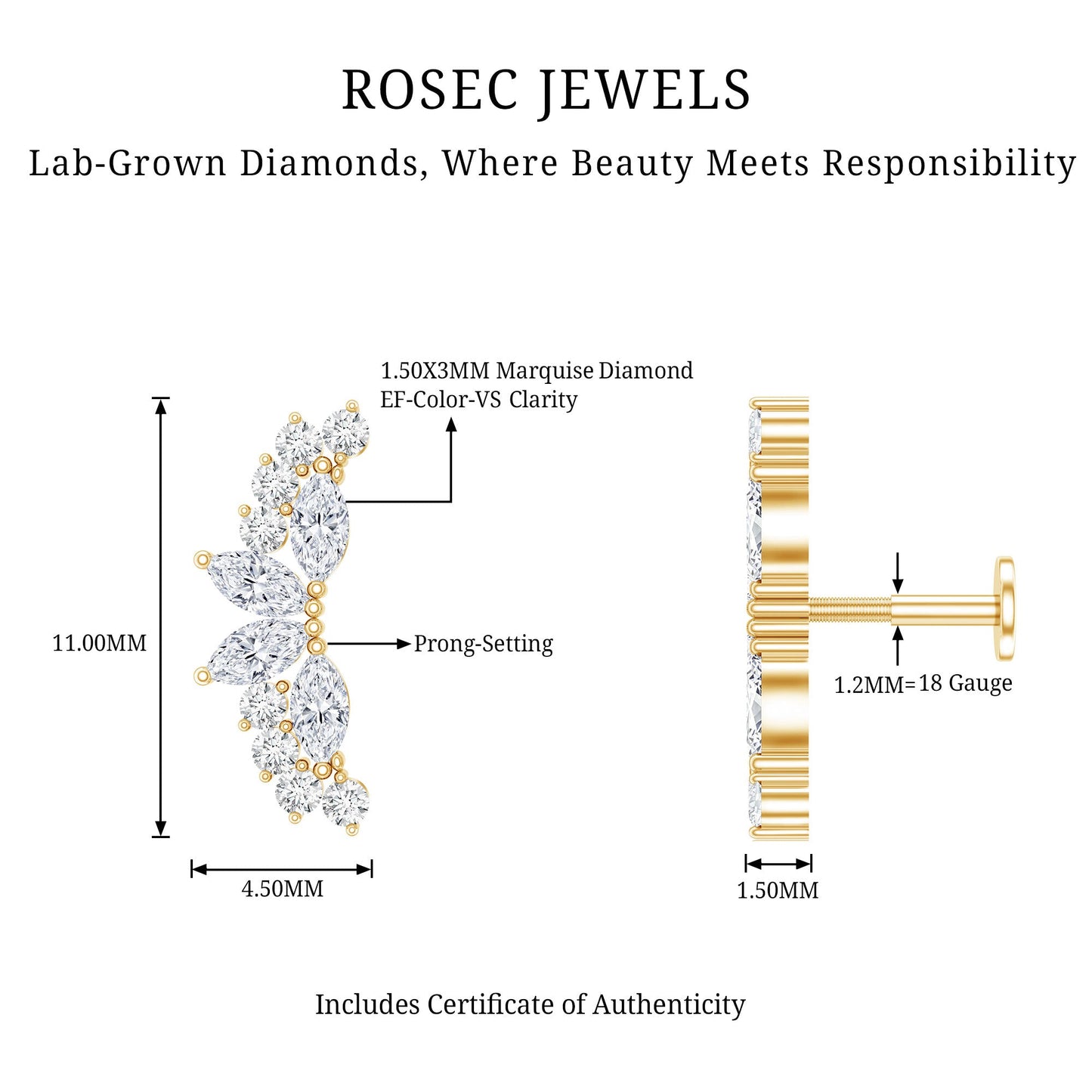 Unique Diamond Crawler Earring for Cartilage Piercing