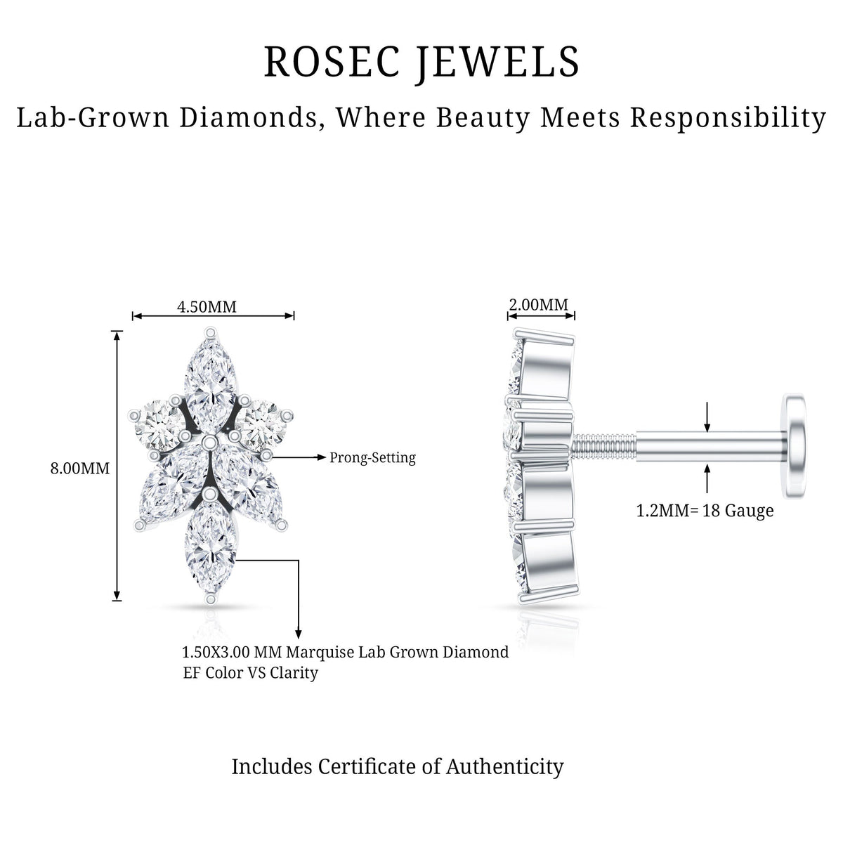 Marquise Diamond Cluster Flower Earring with Flat Back