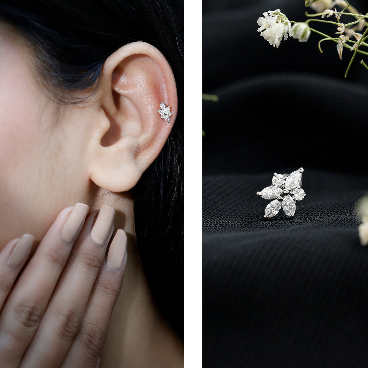 Marquise Diamond Cluster Flower Earring with Flat Back