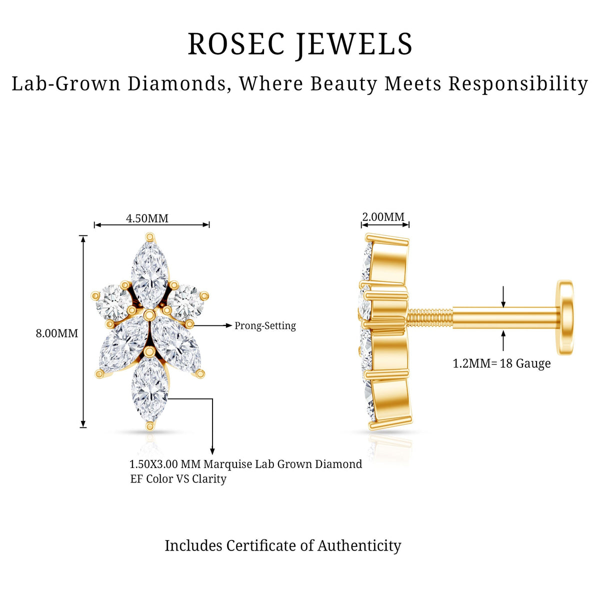 Marquise Diamond Cluster Flower Earring with Flat Back