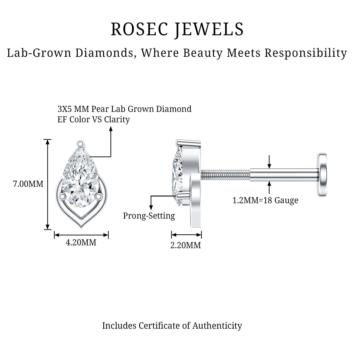 Pear Shape Diamond Solitaire Earring for Helix Piercing
