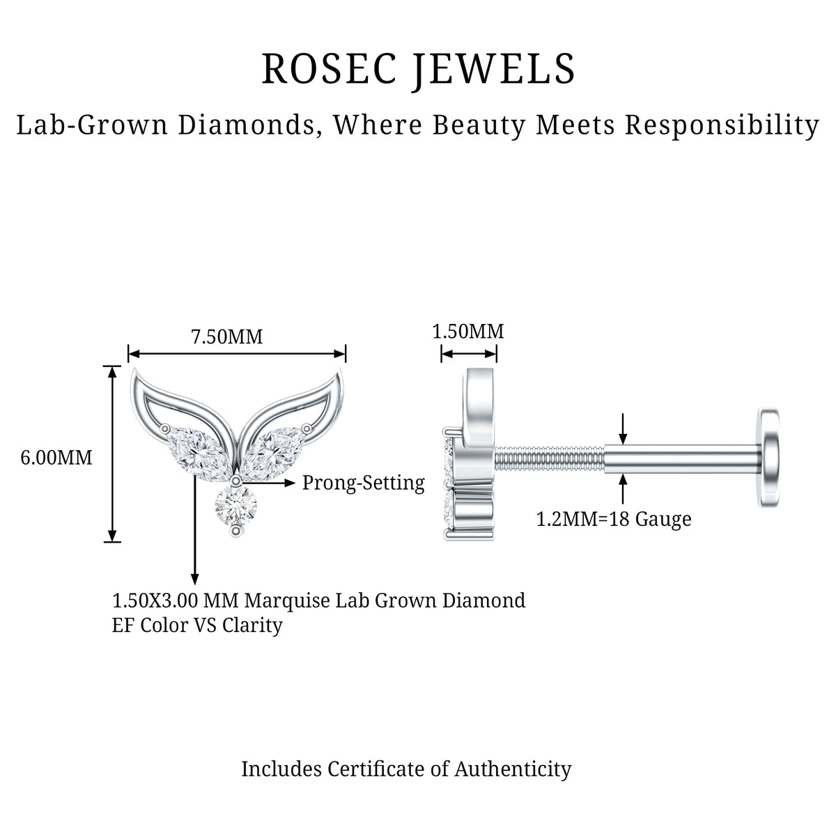 Marquise Diamond Leaf Earring for Cartilage Piercing
