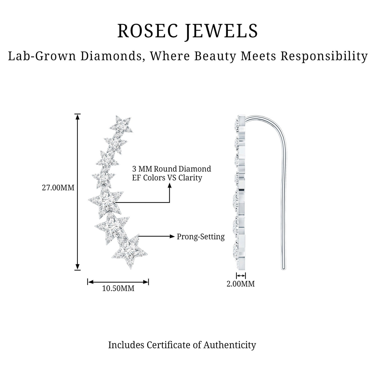 Certified Diamond Star Ear Cuff Earring for Helix Piercing