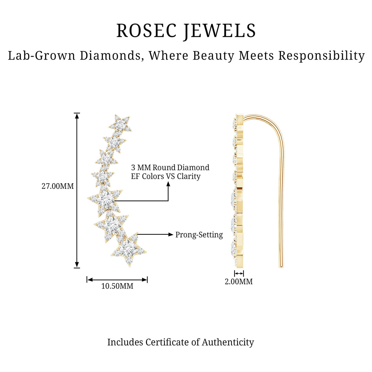 Certified Diamond Star Ear Cuff Earring for Helix Piercing
