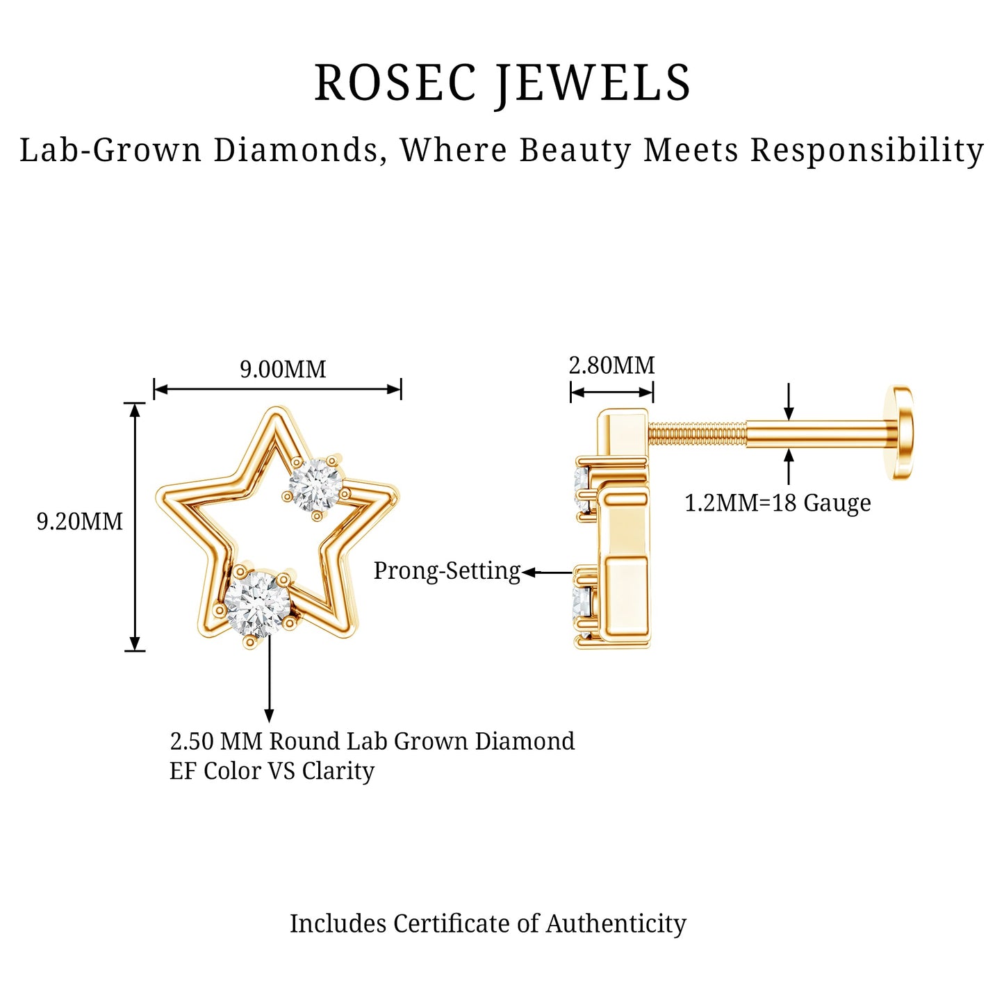 Certified Diamond Star Earring for Upper Lobe Piercing