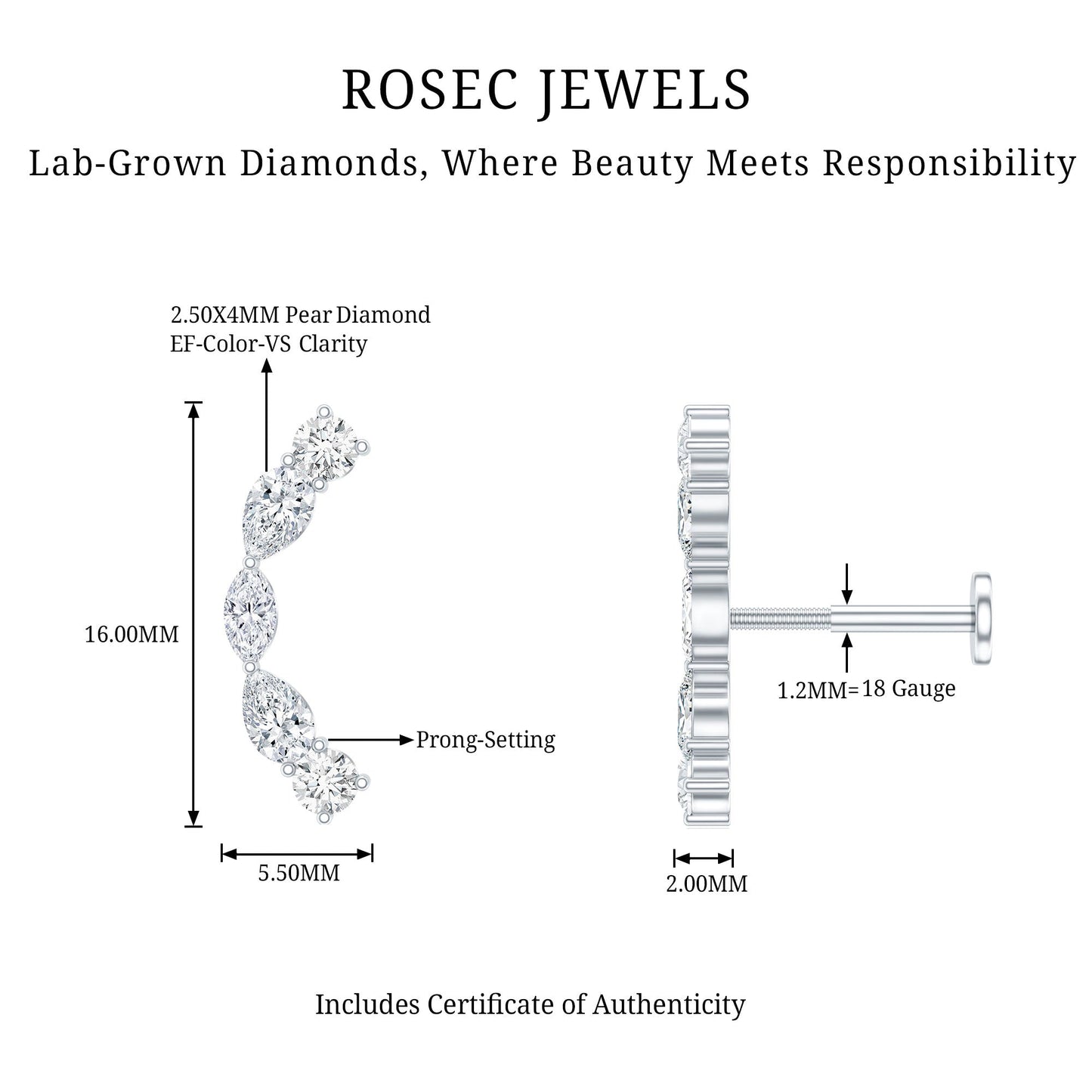 Pear Diamond Ear Crawler Earring for Helix Piercing