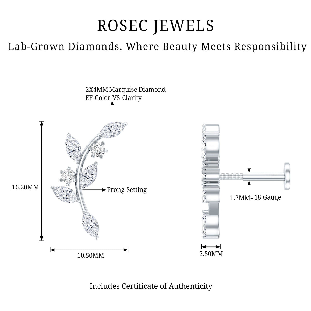 Womens Marquise Diamond Leaf Crawler Earring