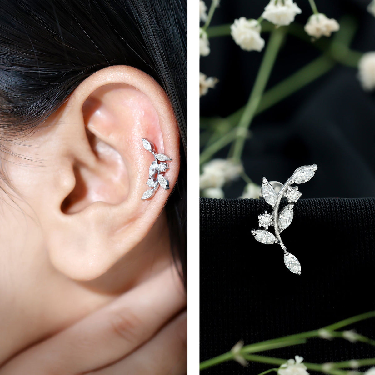 Womens Marquise Diamond Leaf Crawler Earring