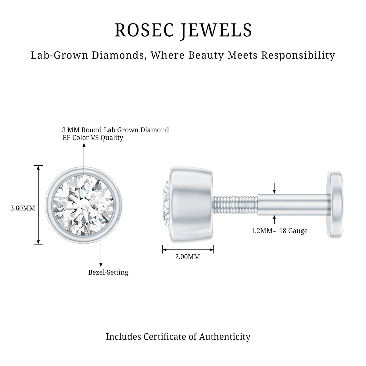 Bezel Set Diamond Cartilage Earring with Flat Back