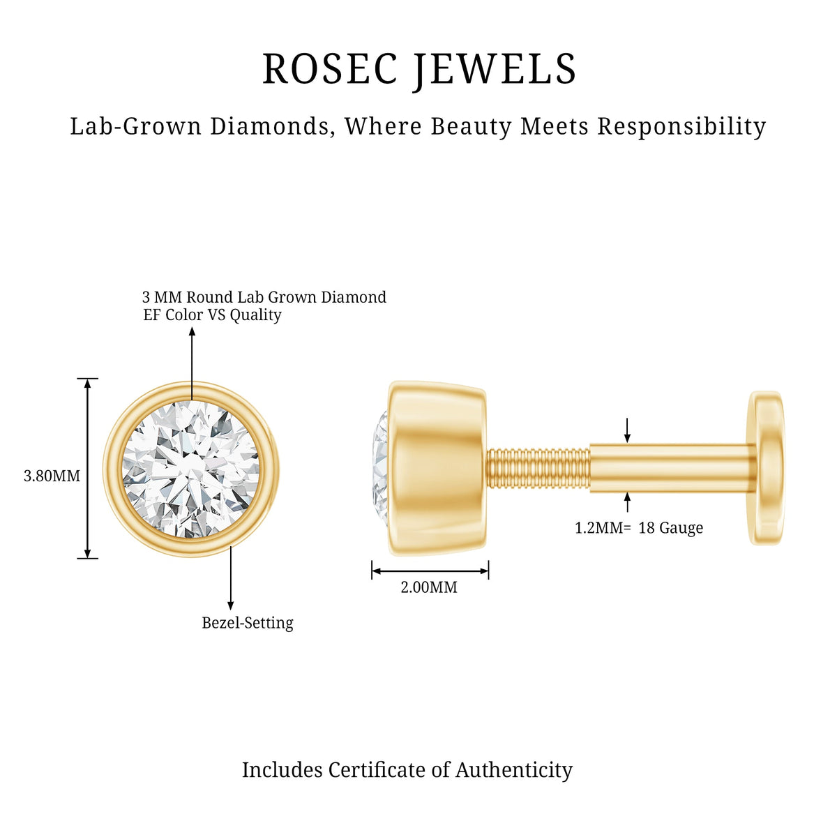 Bezel Set Diamond Cartilage Earring with Flat Back