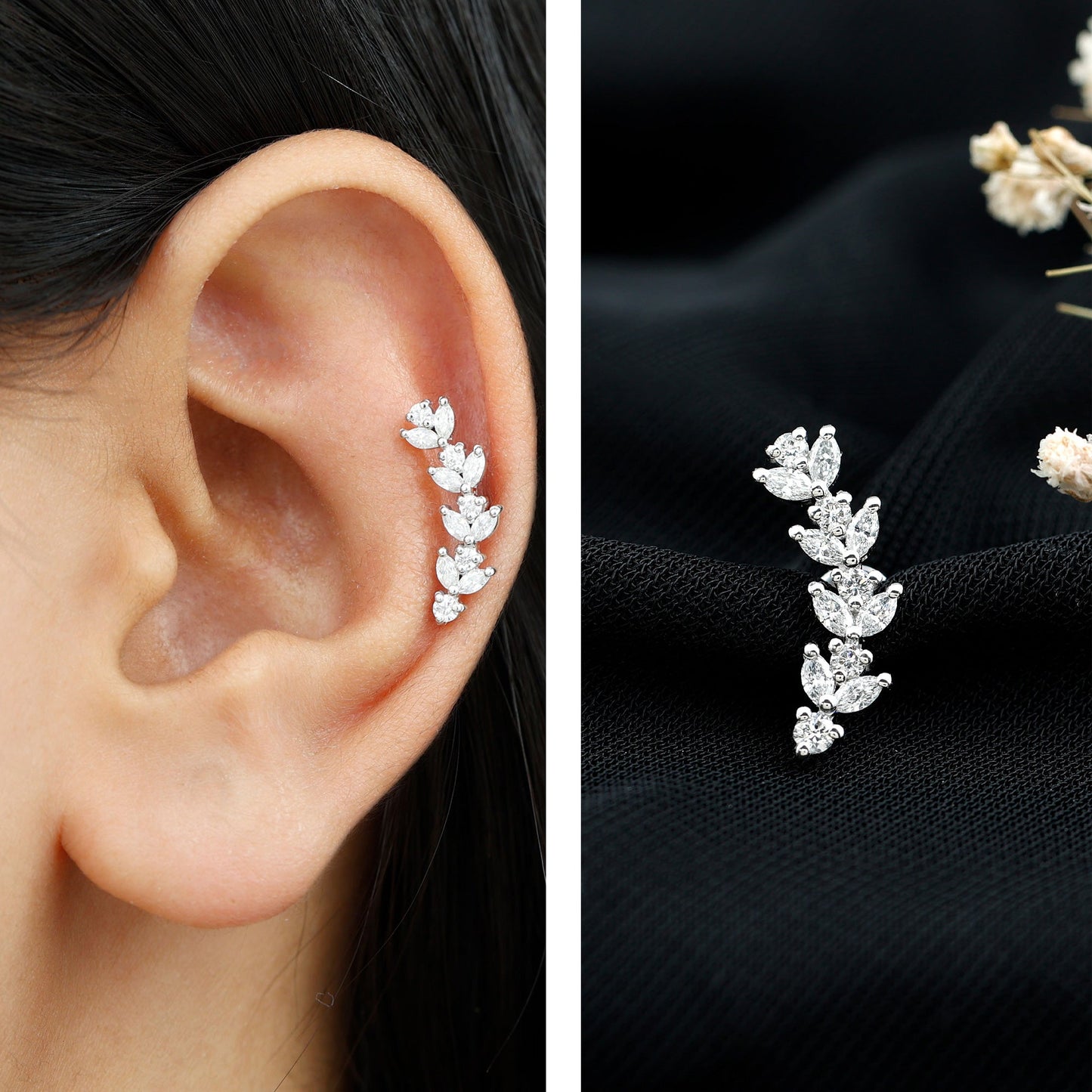 Nature Inspired Diamond Leaf Crawler Helix Earring