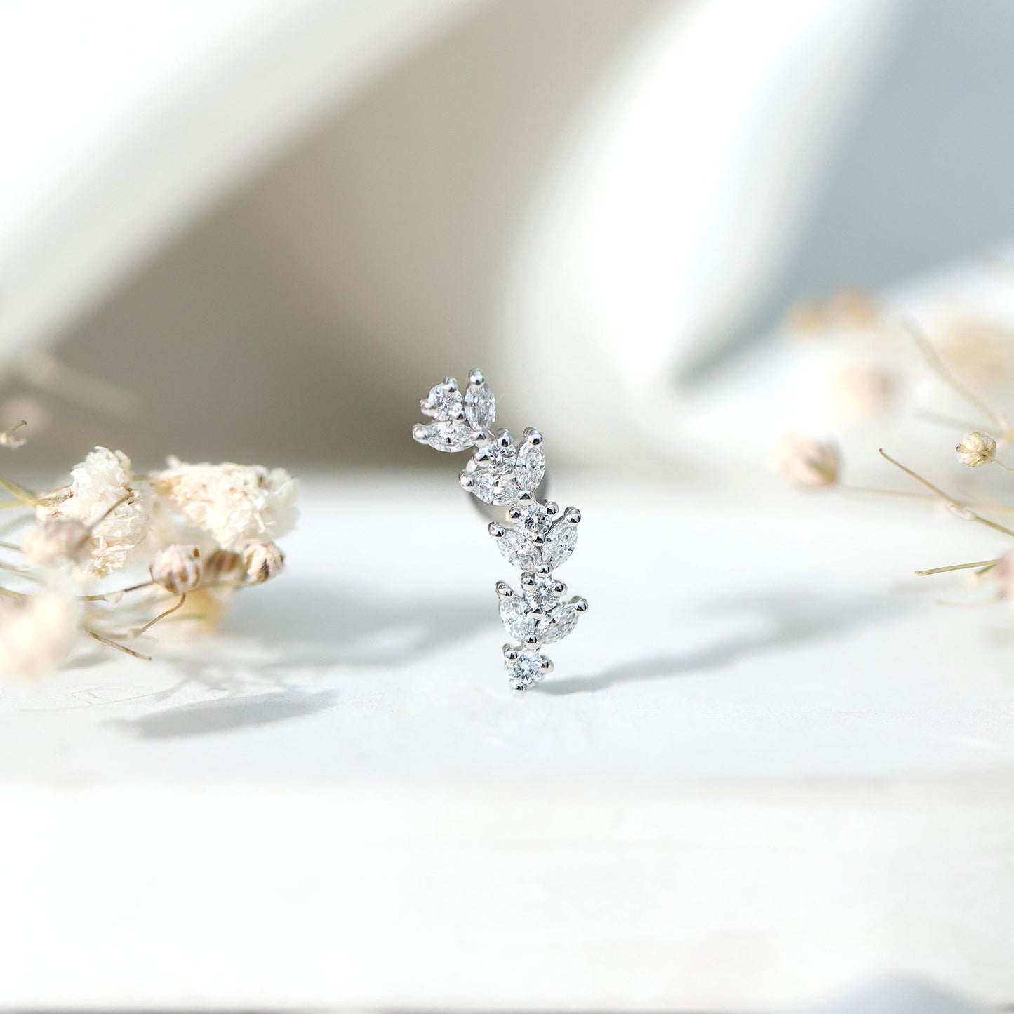 Nature Inspired Diamond Leaf Crawler Helix Earring