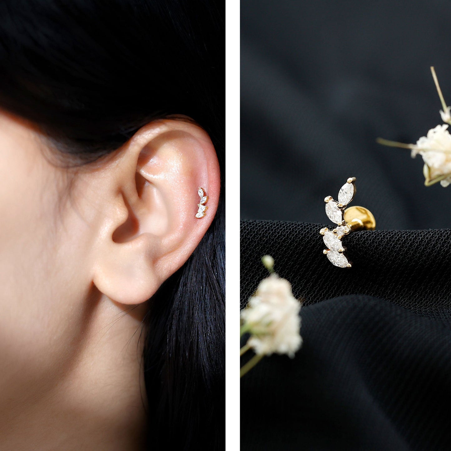 Marquise Shape Diamond Leaf Crawler Helix Earring