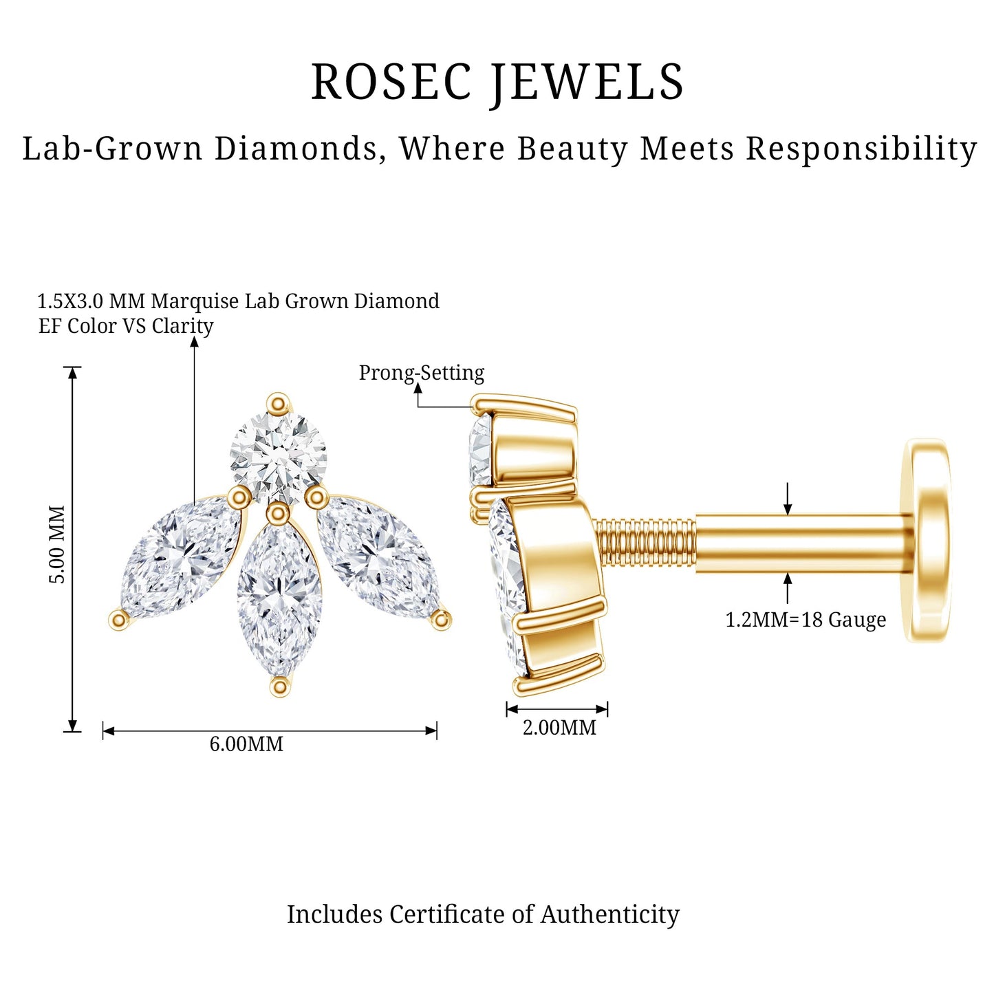 Marquise Shape Diamond Leaf Earring for Helix Piercing