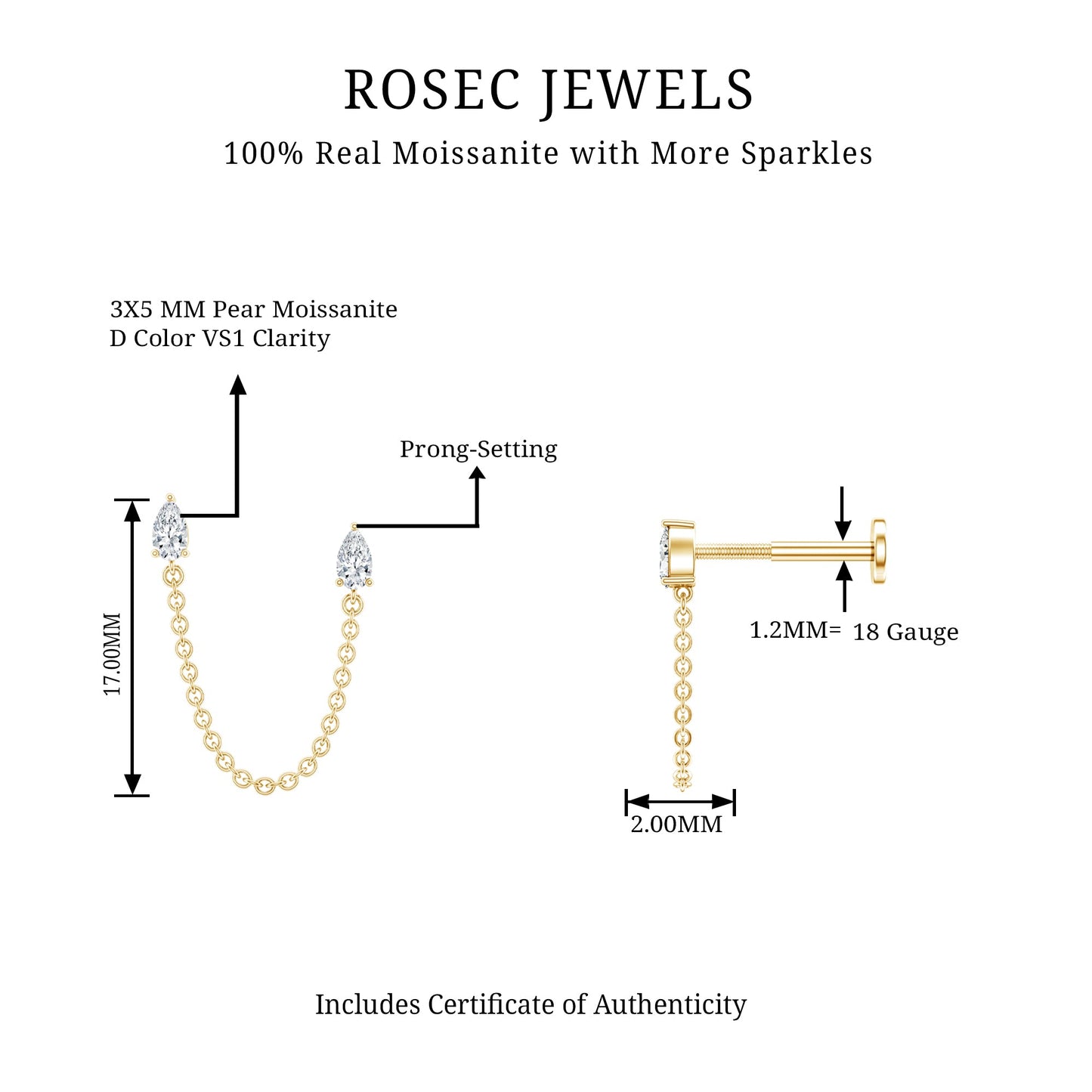 Pear Moissanite Double Piercing Earring with Dangling Chain