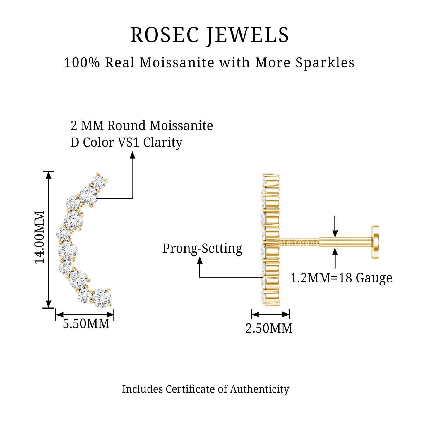 Round Cut Moissanite Ear Crawler Earring for Helix Piercing