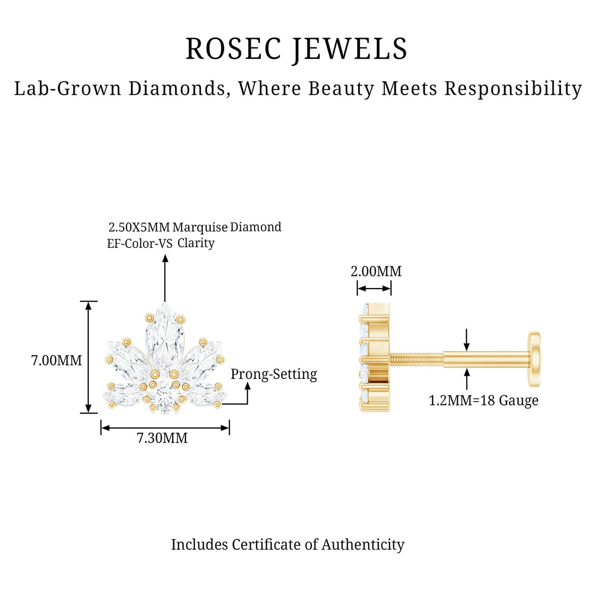 Marquise Diamond Lotus Earring for Upper Lobe Piercing
